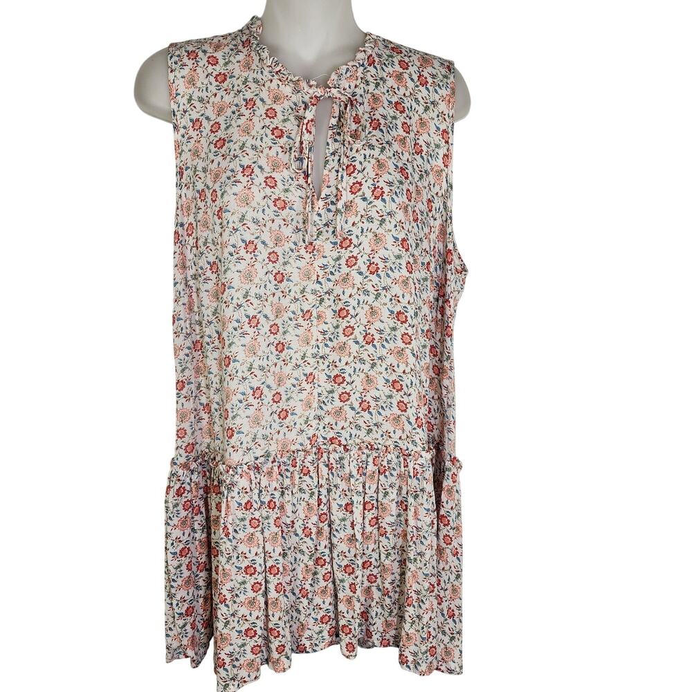 Cynthia Rowley Womenโs Floral Tunic Top Large Peplum Sleeveless Tie Neck Ruffle